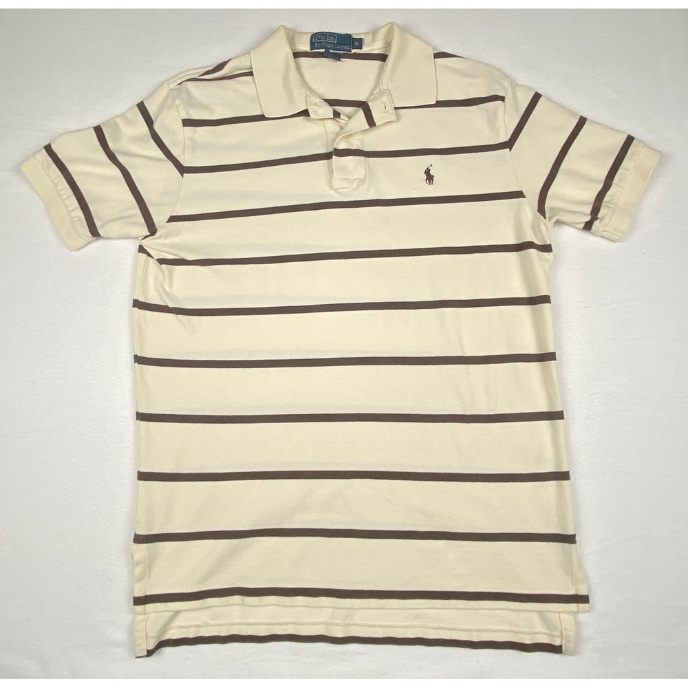 Vintage Polo Ralph Lauren Mens Cream Brown Striped Short Sleeve Shirt Size M